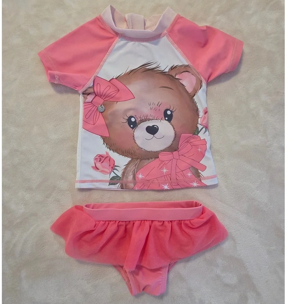 Limonada Baby Girl Bear Rash‎ Guard Swimsuit Set Pink Tutu Bottom 9-12M